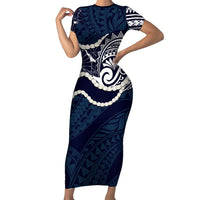 Aloha Hawaii Kalo Pikake Lei Family Matching Short Sleeve Bodycon Dress and Hawaiian Shirt Chest Tattoo Oxford Blue Hawaiian Pattern