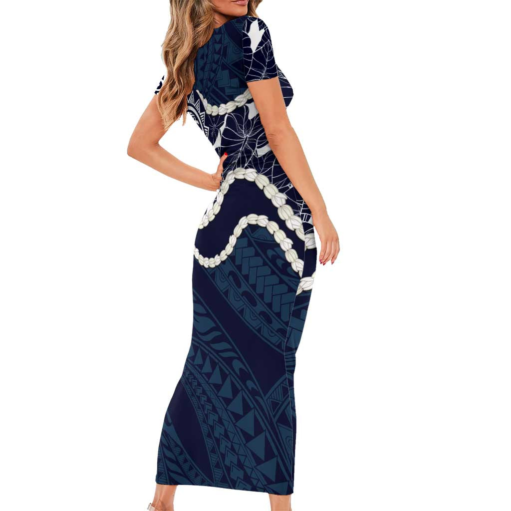 Aloha Hawaii Kalo Pikake Lei Family Matching Short Sleeve Bodycon Dress and Hawaiian Shirt Chest Tattoo Oxford Blue Hawaiian Pattern
