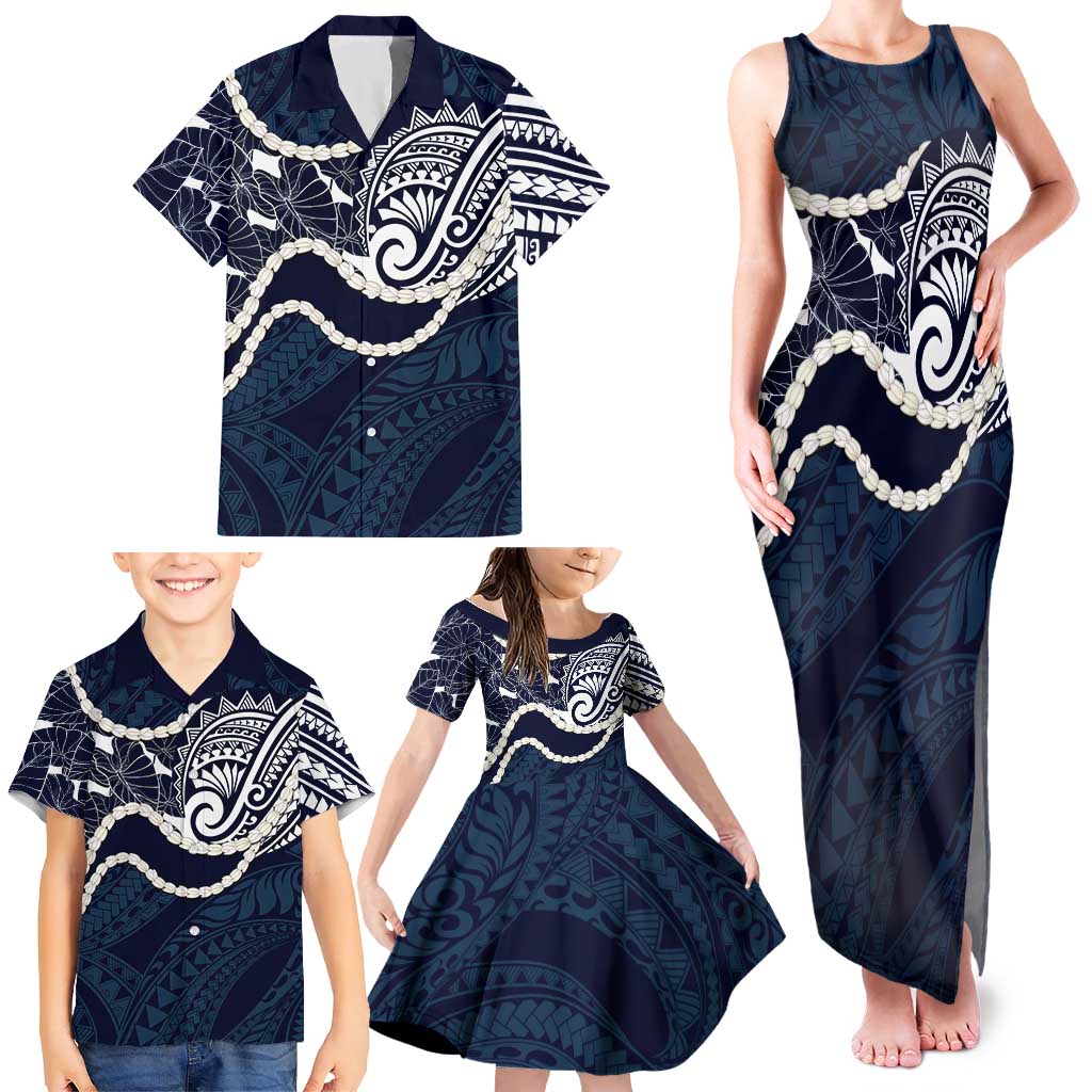 Aloha Hawaii Kalo Pikake Lei Family Matching Tank Maxi Dress and Hawaiian Shirt Chest Tattoo Oxford Blue Hawaiian Pattern