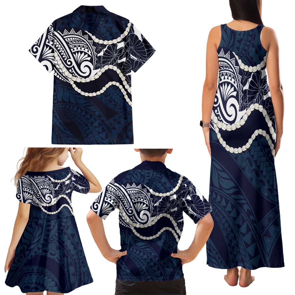 Aloha Hawaii Kalo Pikake Lei Family Matching Tank Maxi Dress and Hawaiian Shirt Chest Tattoo Oxford Blue Hawaiian Pattern