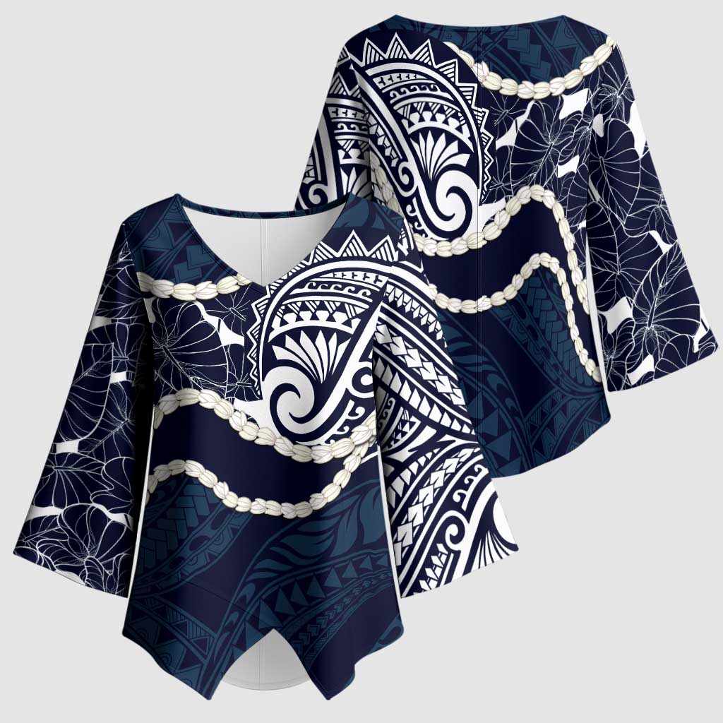 Aloha Hawaii Kalo Pikake Lei Kimono Sleeve Blouse Chest Tattoo Oxford Blue Hawaiian Pattern LT14 - Polynesian Pride