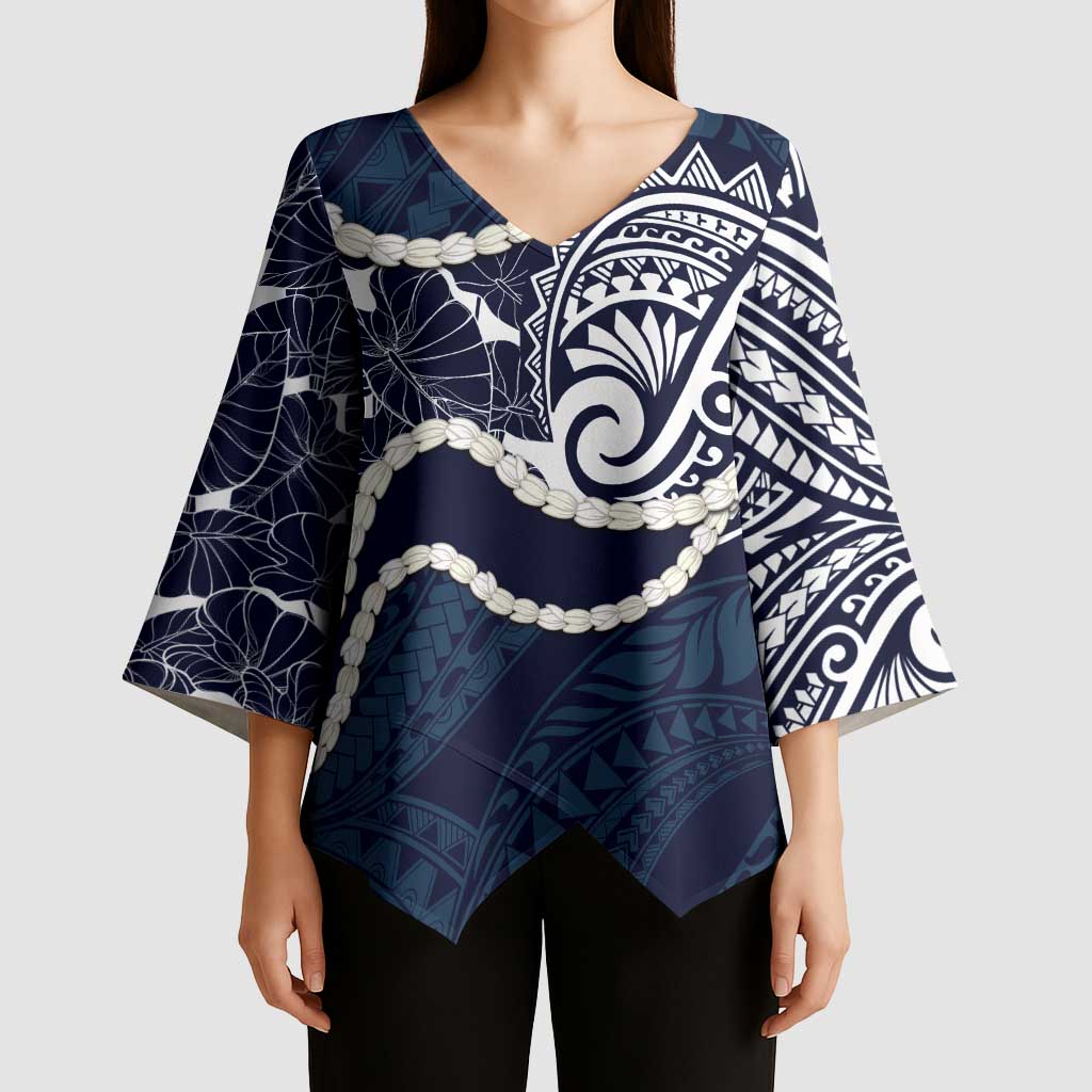 Aloha Hawaii Kalo Pikake Lei Kimono Sleeve Blouse Chest Tattoo Oxford Blue Hawaiian Pattern LT14 - Polynesian Pride