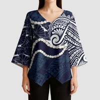 Aloha Hawaii Kalo Pikake Lei Kimono Sleeve Blouse Chest Tattoo Oxford Blue Hawaiian Pattern LT14 - Polynesian Pride