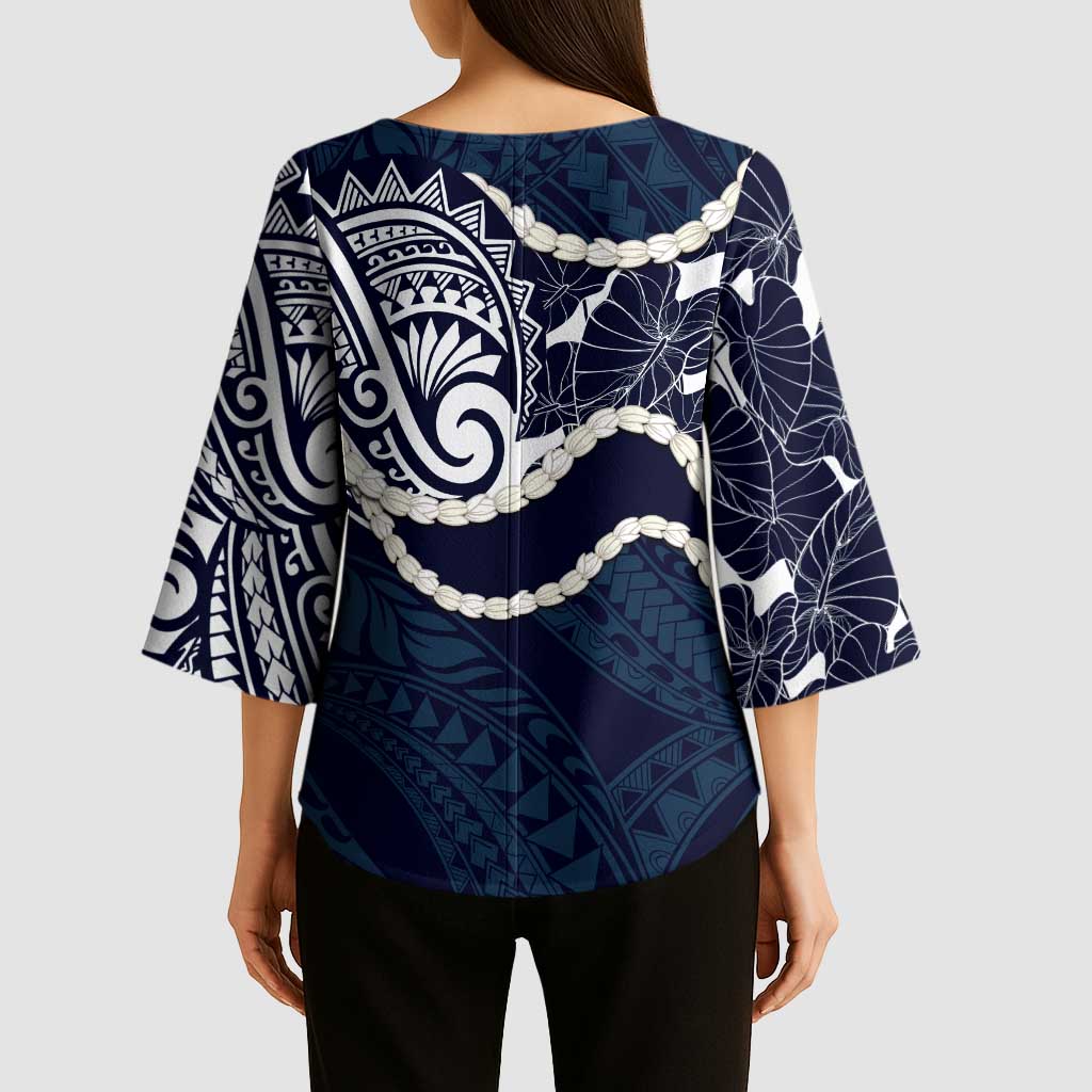 Aloha Hawaii Kalo Pikake Lei Kimono Sleeve Blouse Chest Tattoo Oxford Blue Hawaiian Pattern LT14 - Polynesian Pride