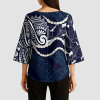 Aloha Hawaii Kalo Pikake Lei Kimono Sleeve Blouse Chest Tattoo Oxford Blue Hawaiian Pattern LT14 - Polynesian Pride