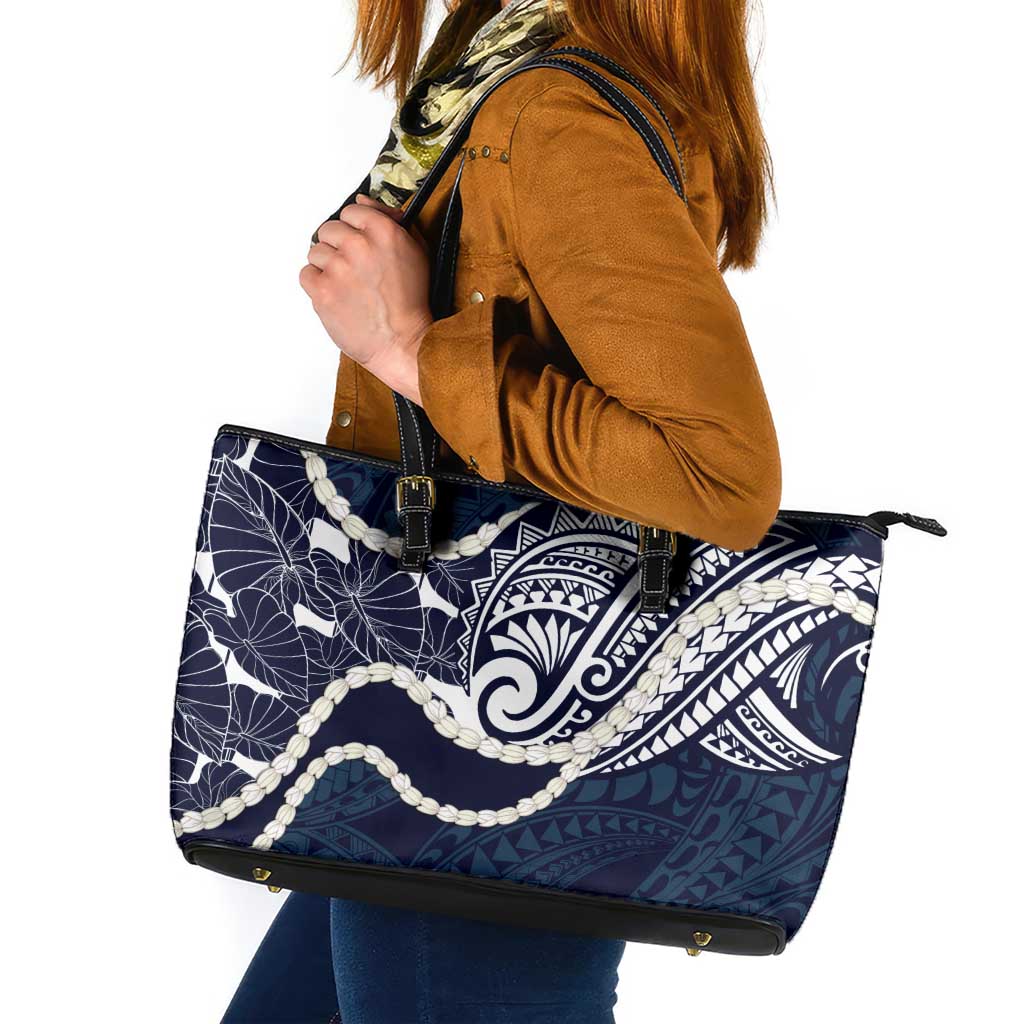 Aloha Hawaii Kalo Pikake Lei Leather Tote Bag Chest Tattoo Oxford Blue Hawaiian Pattern LT14 Oxford Blue - Polynesian Pride