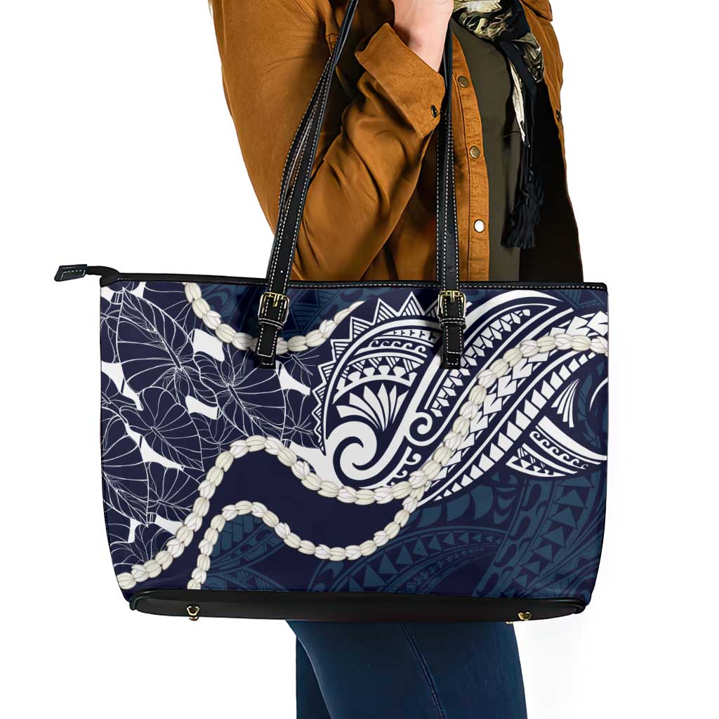 Aloha Hawaii Kalo Pikake Lei Leather Tote Bag Chest Tattoo Oxford Blue Hawaiian Pattern LT14 - Polynesian Pride