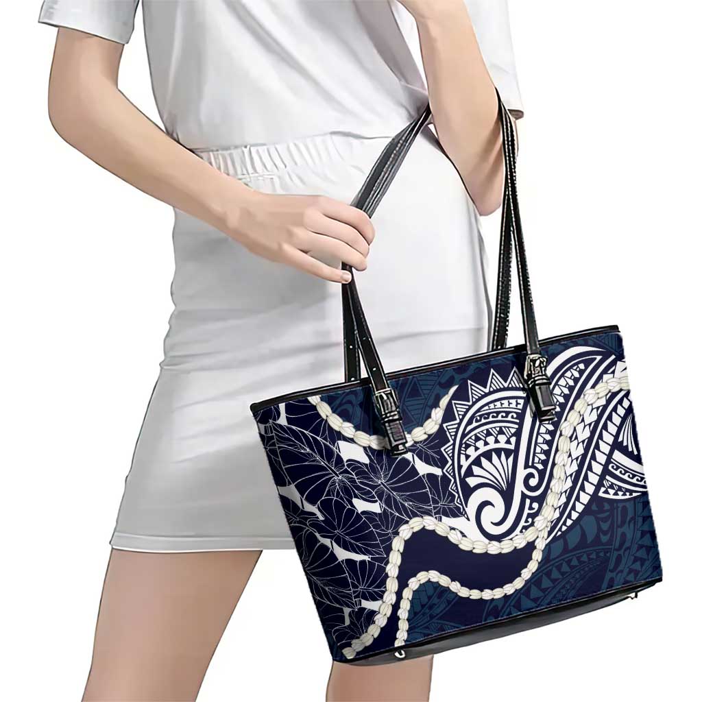Aloha Hawaii Kalo Pikake Lei Leather Tote Bag Chest Tattoo Oxford Blue Hawaiian Pattern LT14 - Polynesian Pride