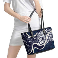 Aloha Hawaii Kalo Pikake Lei Leather Tote Bag Chest Tattoo Oxford Blue Hawaiian Pattern LT14 - Polynesian Pride