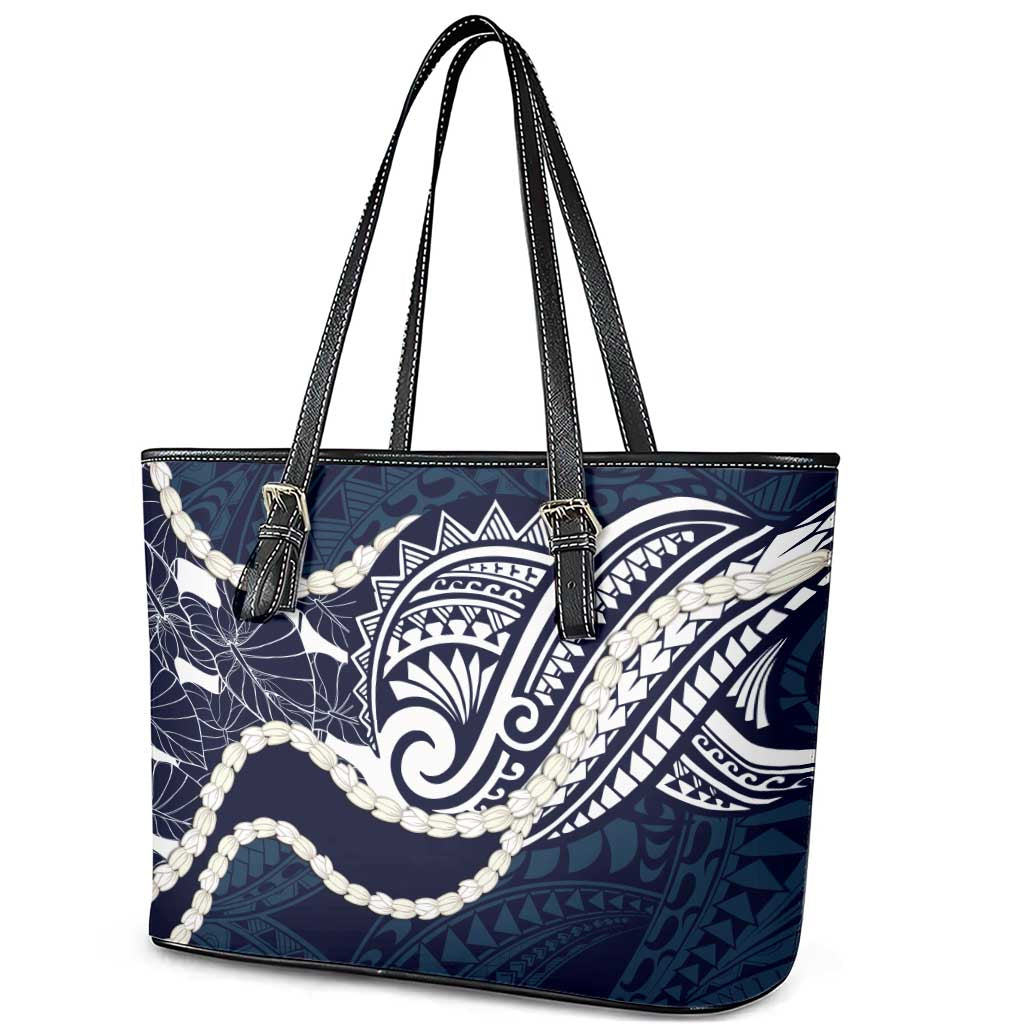 Aloha Hawaii Kalo Pikake Lei Leather Tote Bag Chest Tattoo Oxford Blue Hawaiian Pattern LT14 - Polynesian Pride