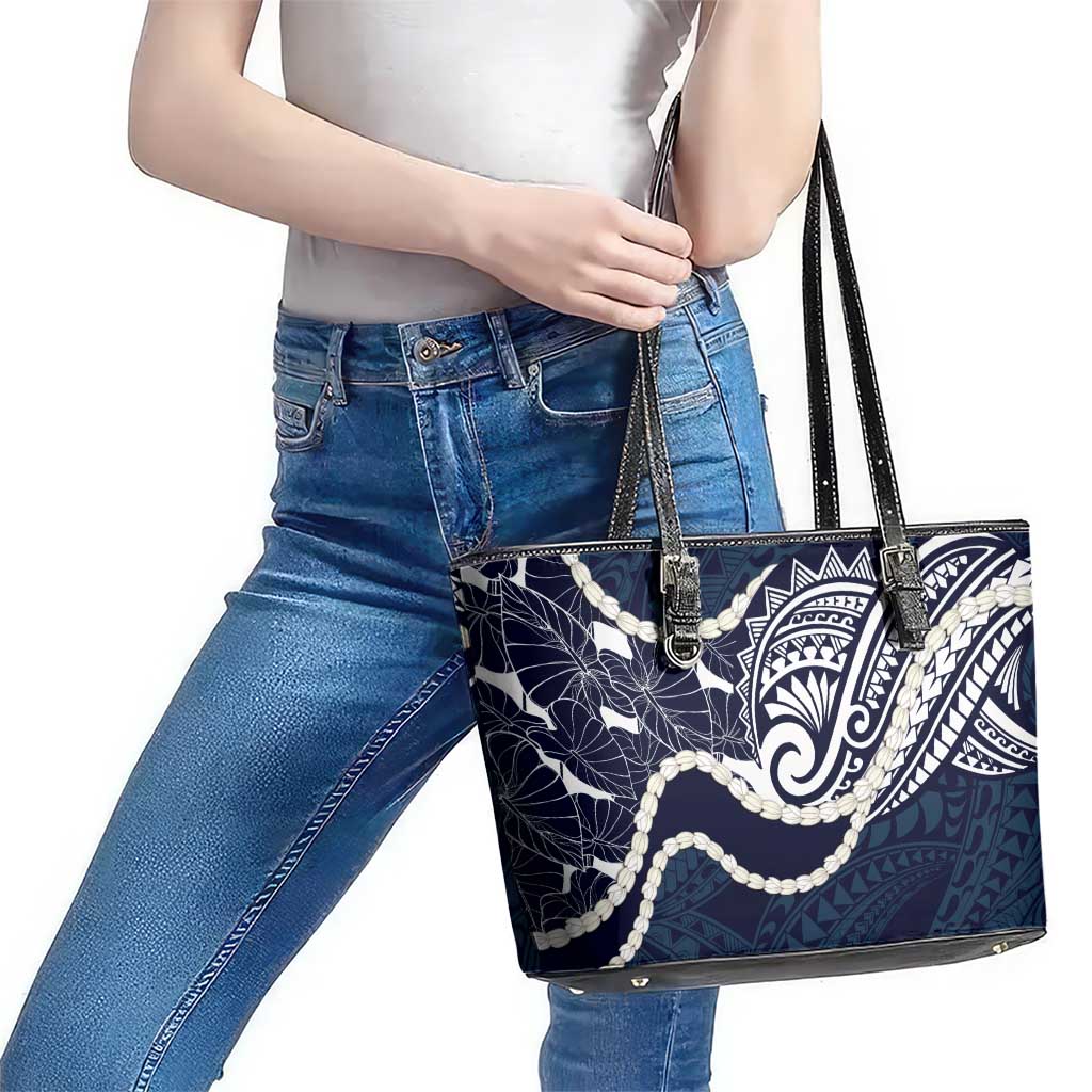 Aloha Hawaii Kalo Pikake Lei Leather Tote Bag Chest Tattoo Oxford Blue Hawaiian Pattern LT14 - Polynesian Pride