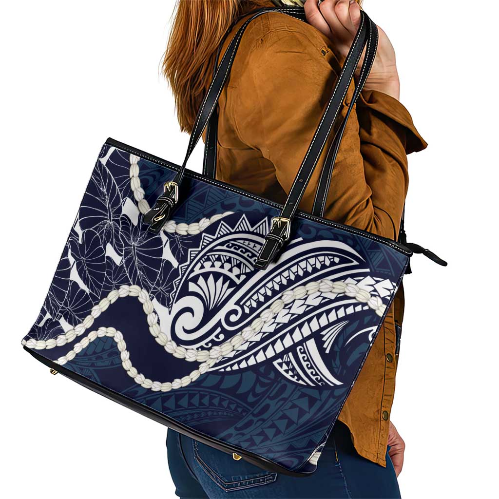 Aloha Hawaii Kalo Pikake Lei Leather Tote Bag Chest Tattoo Oxford Blue Hawaiian Pattern LT14 - Polynesian Pride