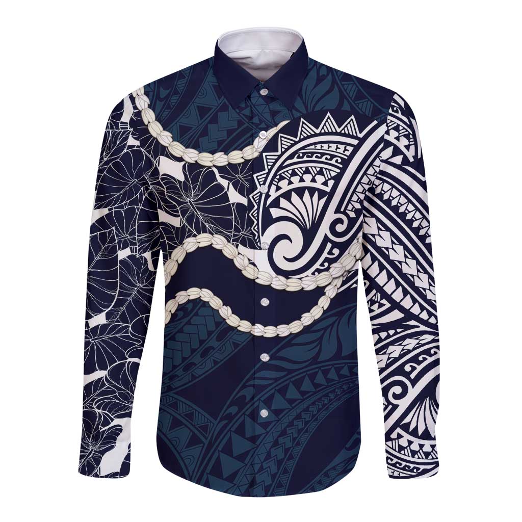 Aloha Hawaii Kalo Pikake Lei Long Sleeve Button Shirt Chest Tattoo Oxford Blue Hawaiian Pattern LT14 Unisex Oxford Blue - Polynesian Pride