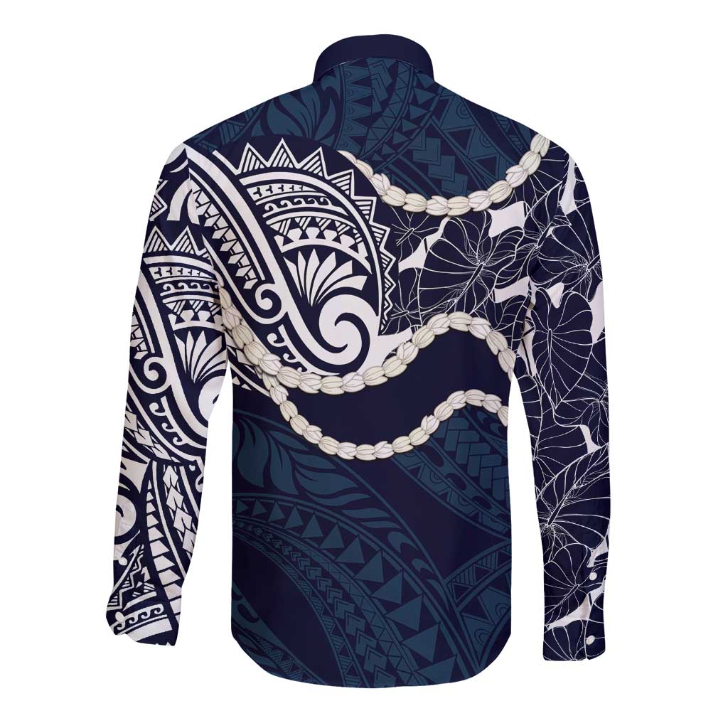 Aloha Hawaii Kalo Pikake Lei Long Sleeve Button Shirt Chest Tattoo Oxford Blue Hawaiian Pattern LT14 - Polynesian Pride