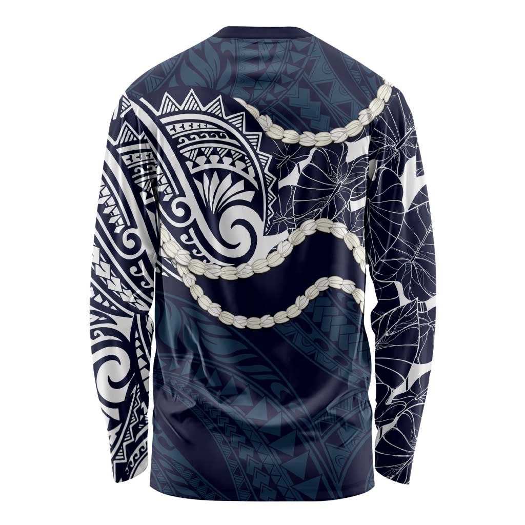 Aloha Hawaii Kalo Pikake Lei Long Sleeve Shirt Chest Tattoo Oxford Blue Hawaiian Pattern LT14 - Polynesian Pride