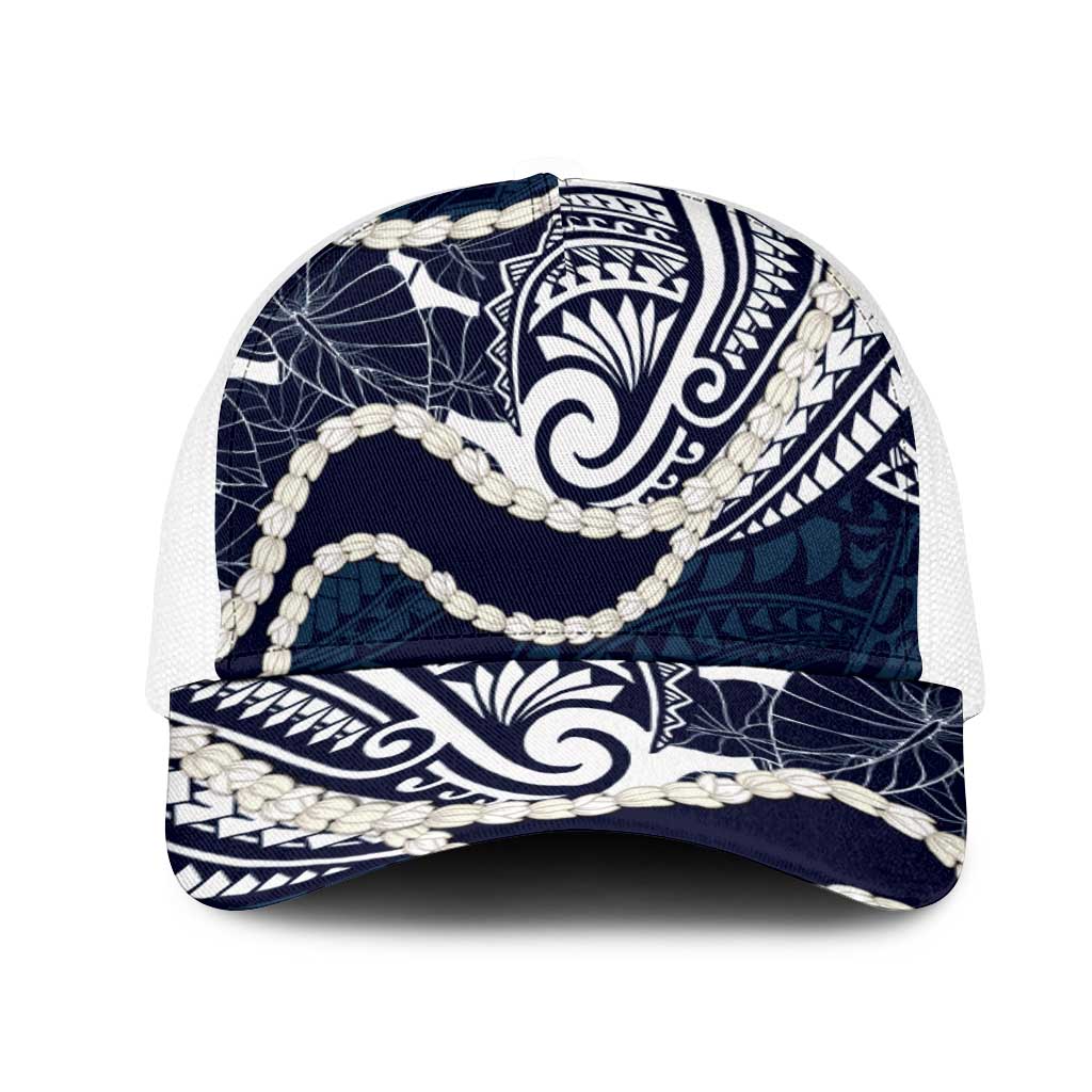 Aloha Hawaii Kalo Pikake Lei Mesh Trucker Cap Chest Tattoo Oxford Blue Hawaiian Pattern LT14 One Size White Oxford Blue - Polynesian Pride