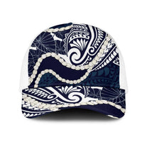 Aloha Hawaii Kalo Pikake Lei Mesh Trucker Cap Chest Tattoo Oxford Blue Hawaiian Pattern LT14 One Size White Oxford Blue - Polynesian Pride