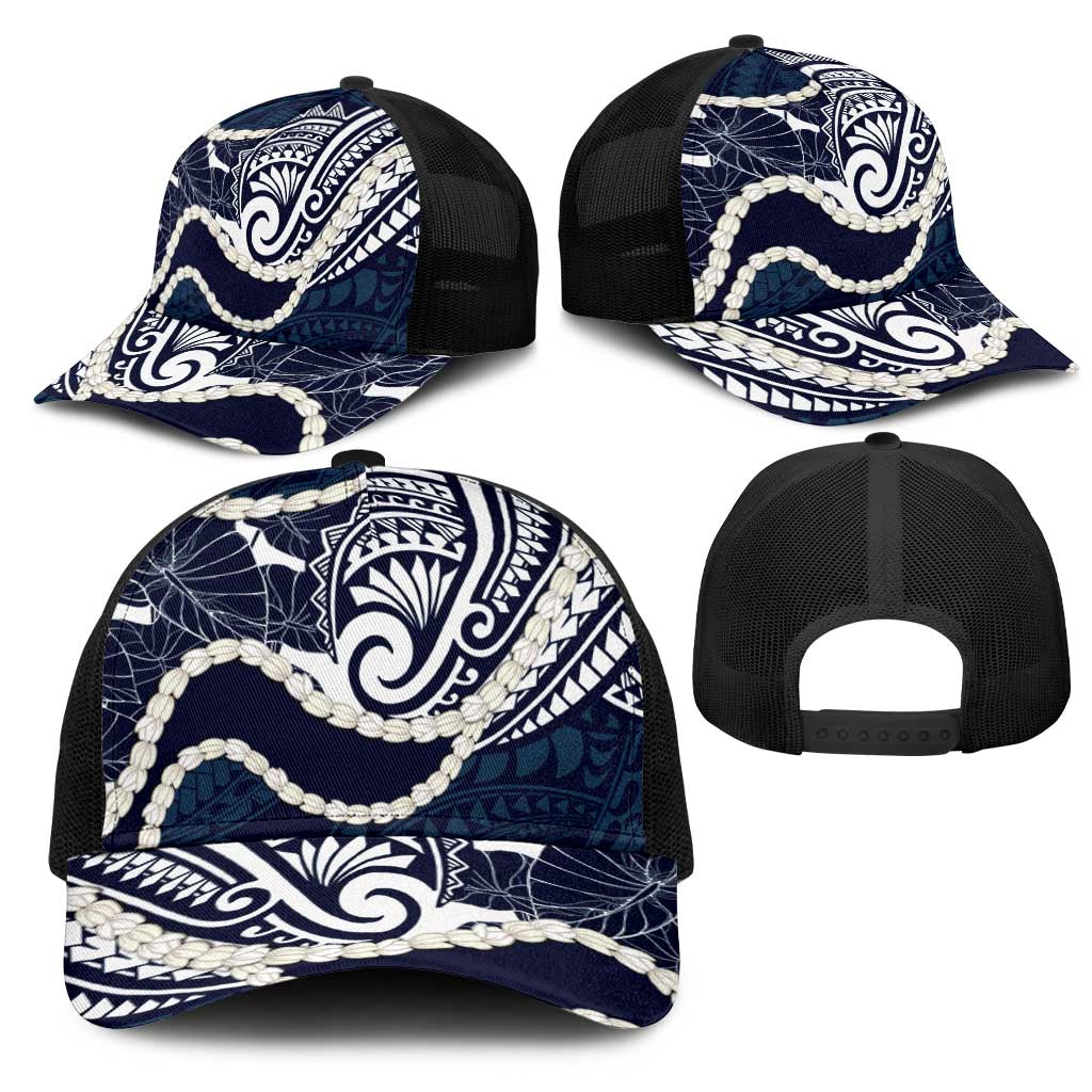 Aloha Hawaii Kalo Pikake Lei Mesh Trucker Cap Chest Tattoo Oxford Blue Hawaiian Pattern LT14 - Polynesian Pride