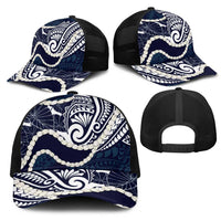 Aloha Hawaii Kalo Pikake Lei Mesh Trucker Cap Chest Tattoo Oxford Blue Hawaiian Pattern LT14 - Polynesian Pride