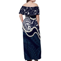 Aloha Hawaii Kalo Pikake Lei Off Shoulder Maxi Dress Chest Tattoo Oxford Blue Hawaiian Pattern LT14 - Polynesian Pride