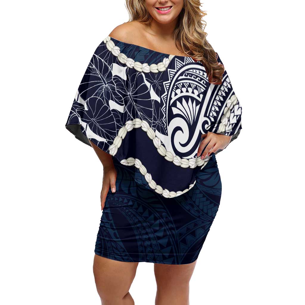 Aloha Hawaii Kalo Pikake Lei Off Shoulder Short Dress Chest Tattoo Oxford Blue Hawaiian Pattern