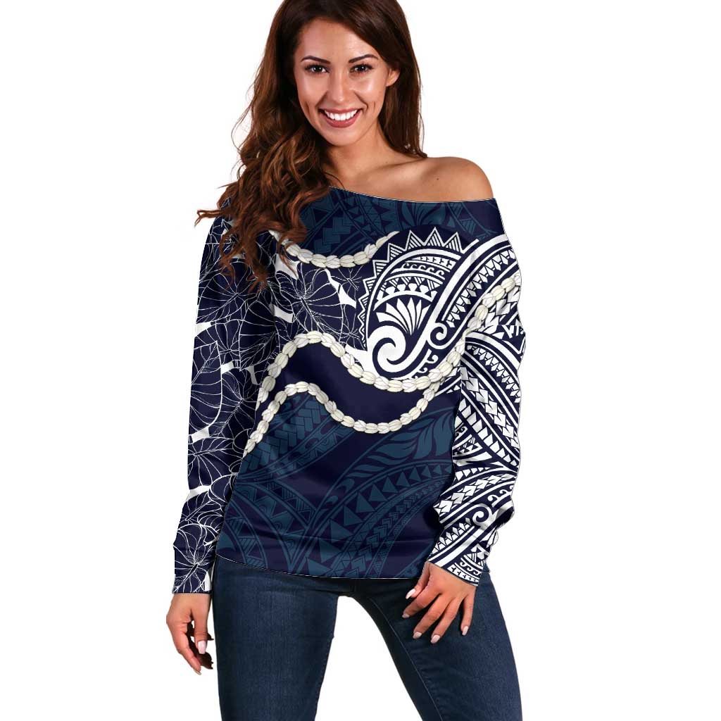 Aloha Hawaii Kalo Pikake Lei Off Shoulder Sweater Chest Tattoo Oxford Blue Hawaiian Pattern LT14 Women Oxford Blue - Polynesian Pride