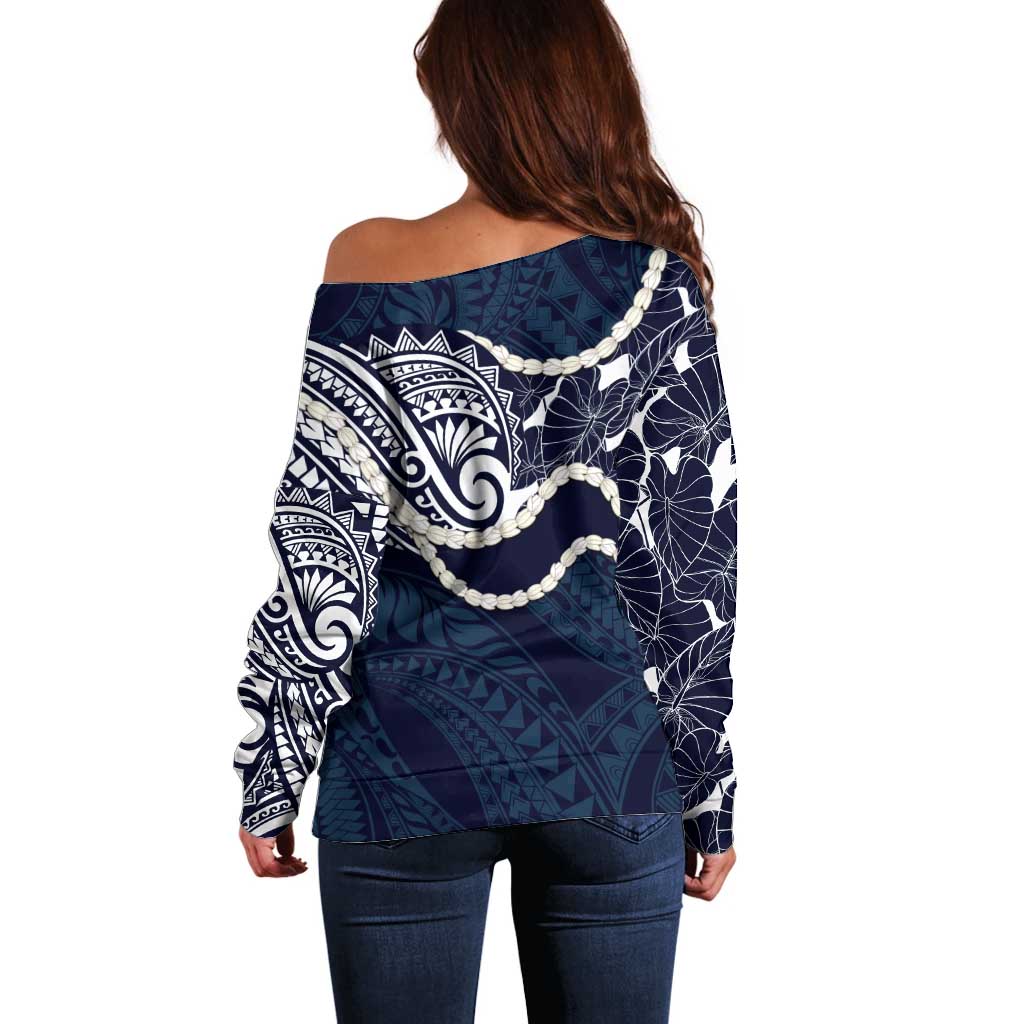Aloha Hawaii Kalo Pikake Lei Off Shoulder Sweater Chest Tattoo Oxford Blue Hawaiian Pattern LT14 - Polynesian Pride