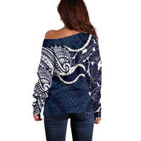 Aloha Hawaii Kalo Pikake Lei Off Shoulder Sweater Chest Tattoo Oxford Blue Hawaiian Pattern LT14 - Polynesian Pride