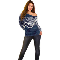 Aloha Hawaii Kalo Pikake Lei Off Shoulder Sweater Chest Tattoo Oxford Blue Hawaiian Pattern LT14 - Polynesian Pride