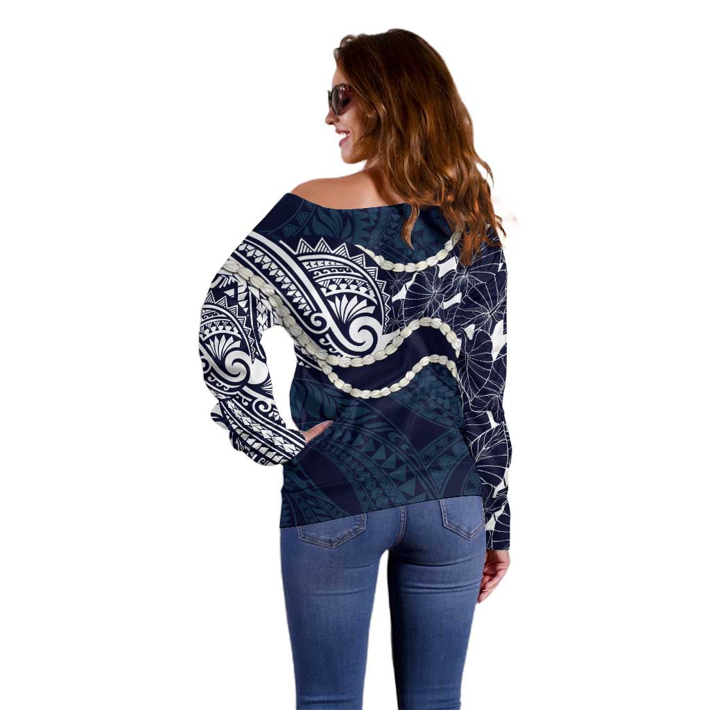 Aloha Hawaii Kalo Pikake Lei Off Shoulder Sweater Chest Tattoo Oxford Blue Hawaiian Pattern LT14 - Polynesian Pride