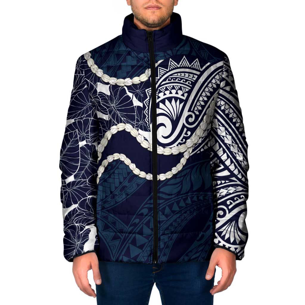 Aloha Hawaii Kalo Pikake Lei Padded Jacket Chest Tattoo Oxford Blue Hawaiian Pattern LT14 Men Oxford Blue - Polynesian Pride
