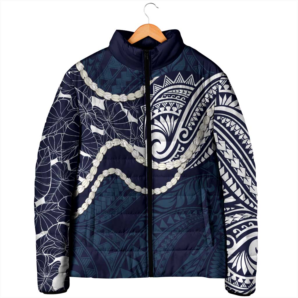 Aloha Hawaii Kalo Pikake Lei Padded Jacket Chest Tattoo Oxford Blue Hawaiian Pattern LT14 - Polynesian Pride