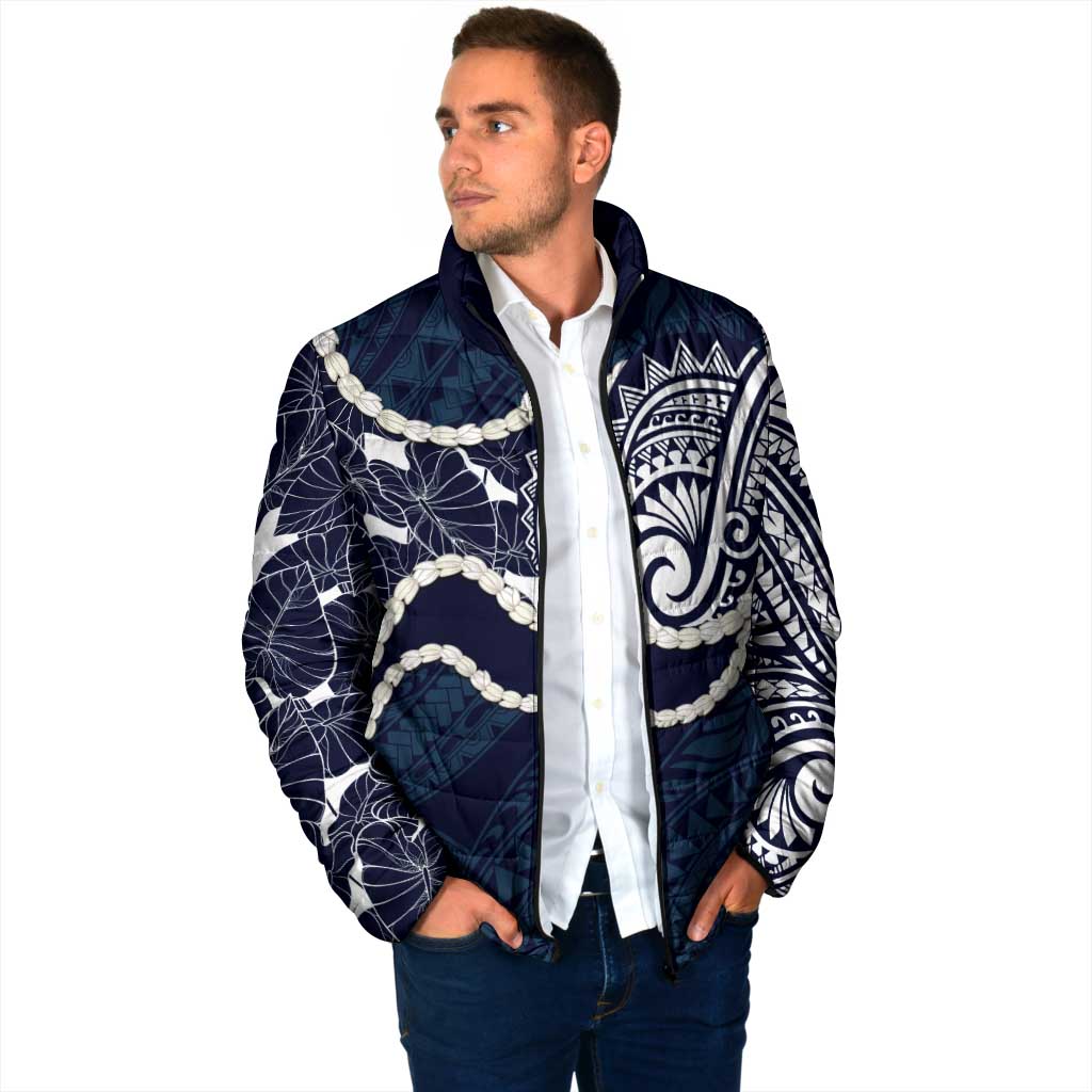 Aloha Hawaii Kalo Pikake Lei Padded Jacket Chest Tattoo Oxford Blue Hawaiian Pattern LT14 - Polynesian Pride