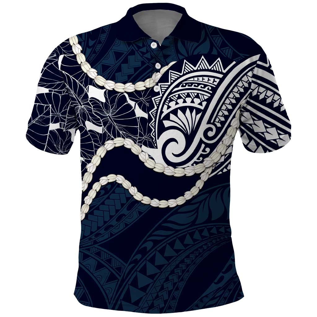 Aloha Hawaii Kalo Pikake Lei Polo Shirt Chest Tattoo Oxford Blue Hawaiian Pattern LT14 Oxford Blue - Polynesian Pride