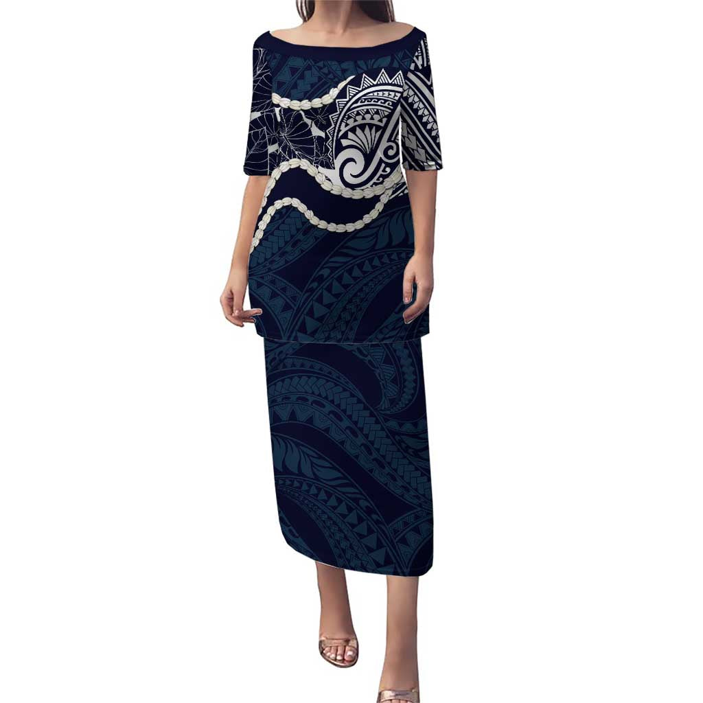 Aloha Hawaii Kalo Pikake Lei Puletasi Chest Tattoo Oxford Blue Hawaiian Pattern LT14 Long Dress Oxford Blue - Polynesian Pride