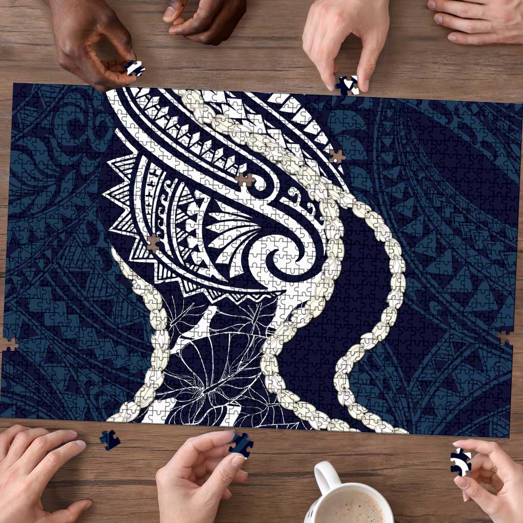 Aloha Hawaii Kalo Pikake Lei Puzzle Chest Tattoo Oxford Blue Hawaiian Pattern LT14 - Polynesian Pride