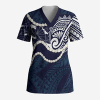 Aloha Hawaii Kalo Pikake Lei Scrub Top Chest Tattoo Oxford Blue Hawaiian Pattern LT14 Adult Oxford Blue - Polynesian Pride