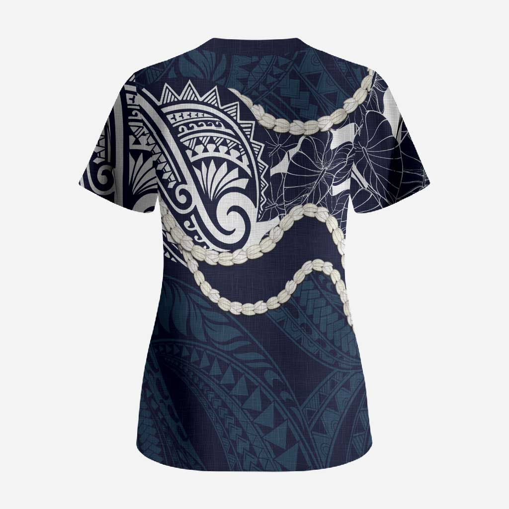 Aloha Hawaii Kalo Pikake Lei Scrub Top Chest Tattoo Oxford Blue Hawaiian Pattern LT14 - Polynesian Pride