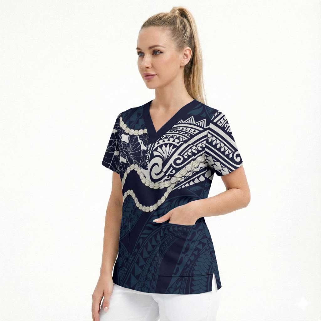 Aloha Hawaii Kalo Pikake Lei Scrub Top Chest Tattoo Oxford Blue Hawaiian Pattern LT14 - Polynesian Pride