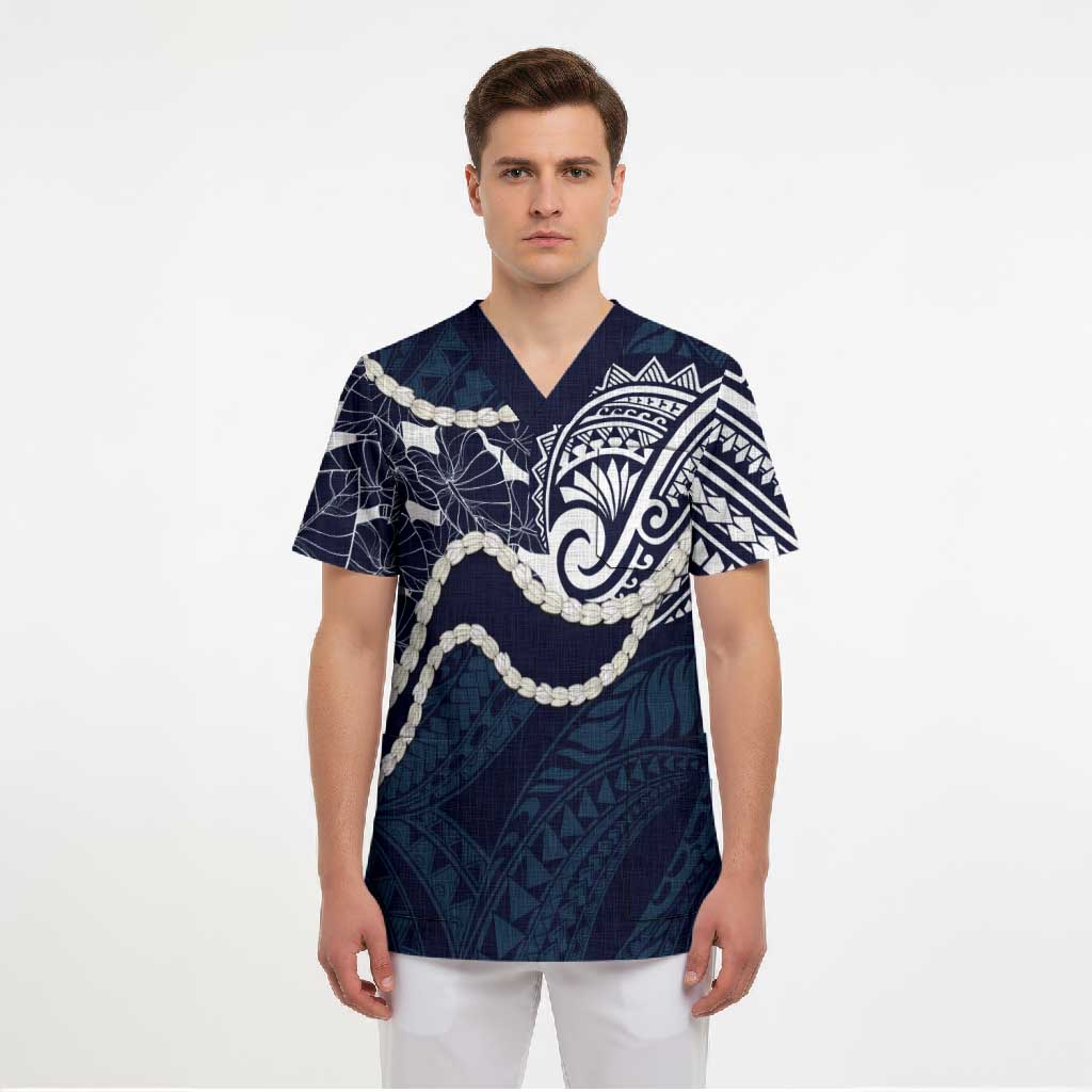 Aloha Hawaii Kalo Pikake Lei Scrub Top Chest Tattoo Oxford Blue Hawaiian Pattern LT14 - Polynesian Pride