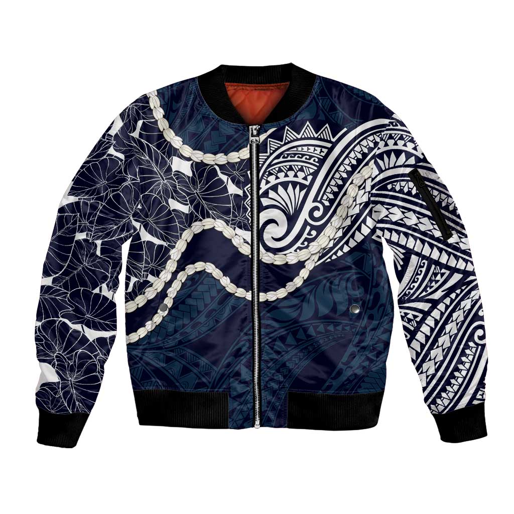 Aloha Hawaii Kalo Pikake Lei Sleeve Zip Bomber Jacket Chest Tattoo Oxford Blue Hawaiian Pattern LT14 Unisex Oxford Blue - Polynesian Pride