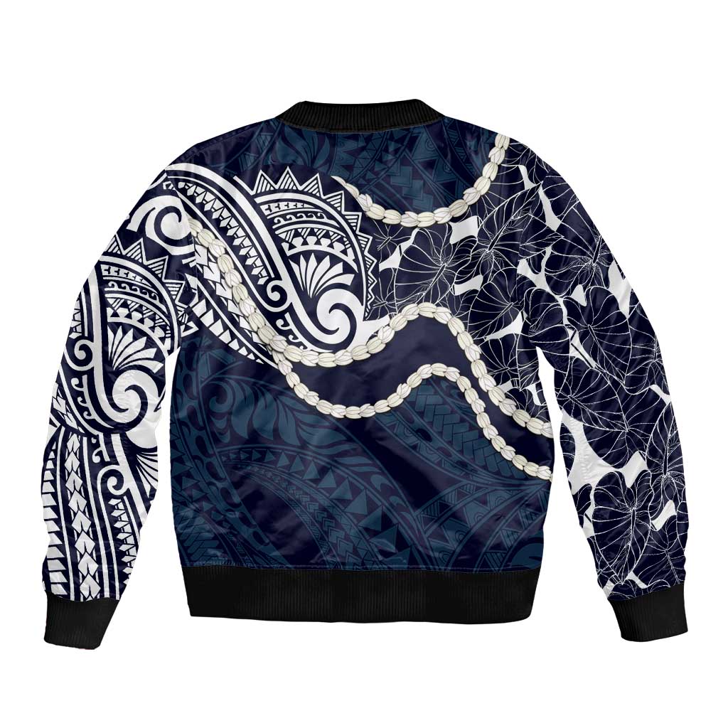 Aloha Hawaii Kalo Pikake Lei Sleeve Zip Bomber Jacket Chest Tattoo Oxford Blue Hawaiian Pattern LT14 - Polynesian Pride