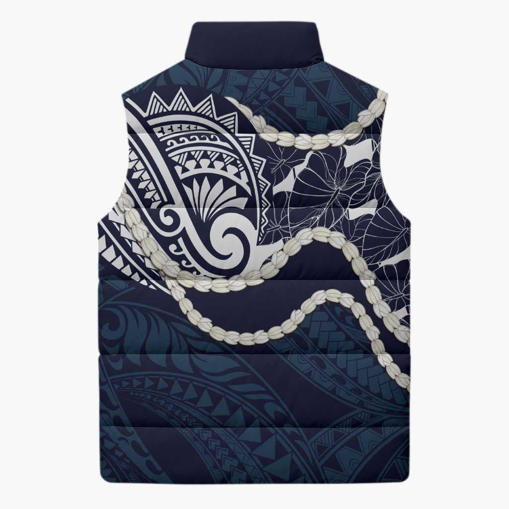 Aloha Hawaii Kalo Pikake Lei Sleeveless Puffer Jacket Chest Tattoo Oxford Blue Hawaiian Pattern LT14 - Polynesian Pride