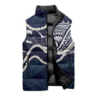 Aloha Hawaii Kalo Pikake Lei Sleeveless Puffer Jacket Chest Tattoo Oxford Blue Hawaiian Pattern LT14 - Polynesian Pride