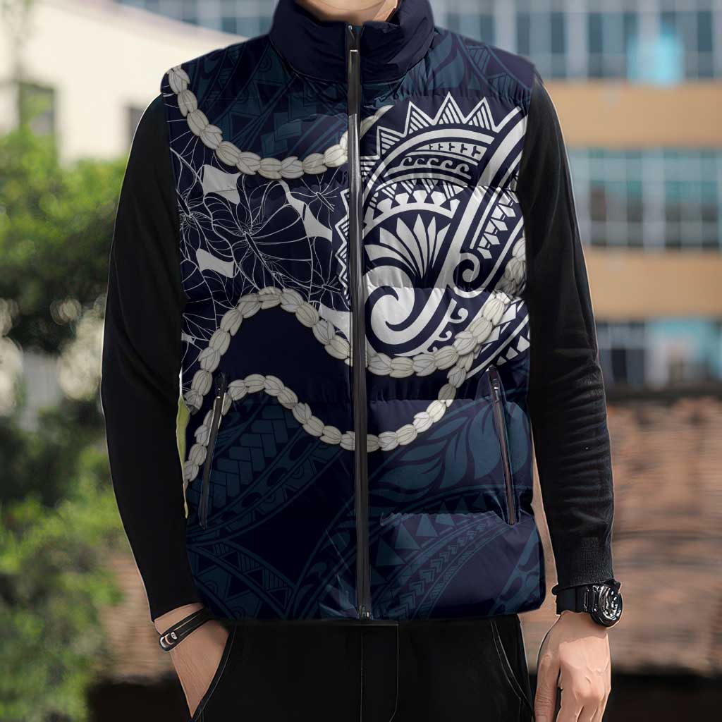 Aloha Hawaii Kalo Pikake Lei Sleeveless Puffer Jacket Chest Tattoo Oxford Blue Hawaiian Pattern LT14 - Polynesian Pride