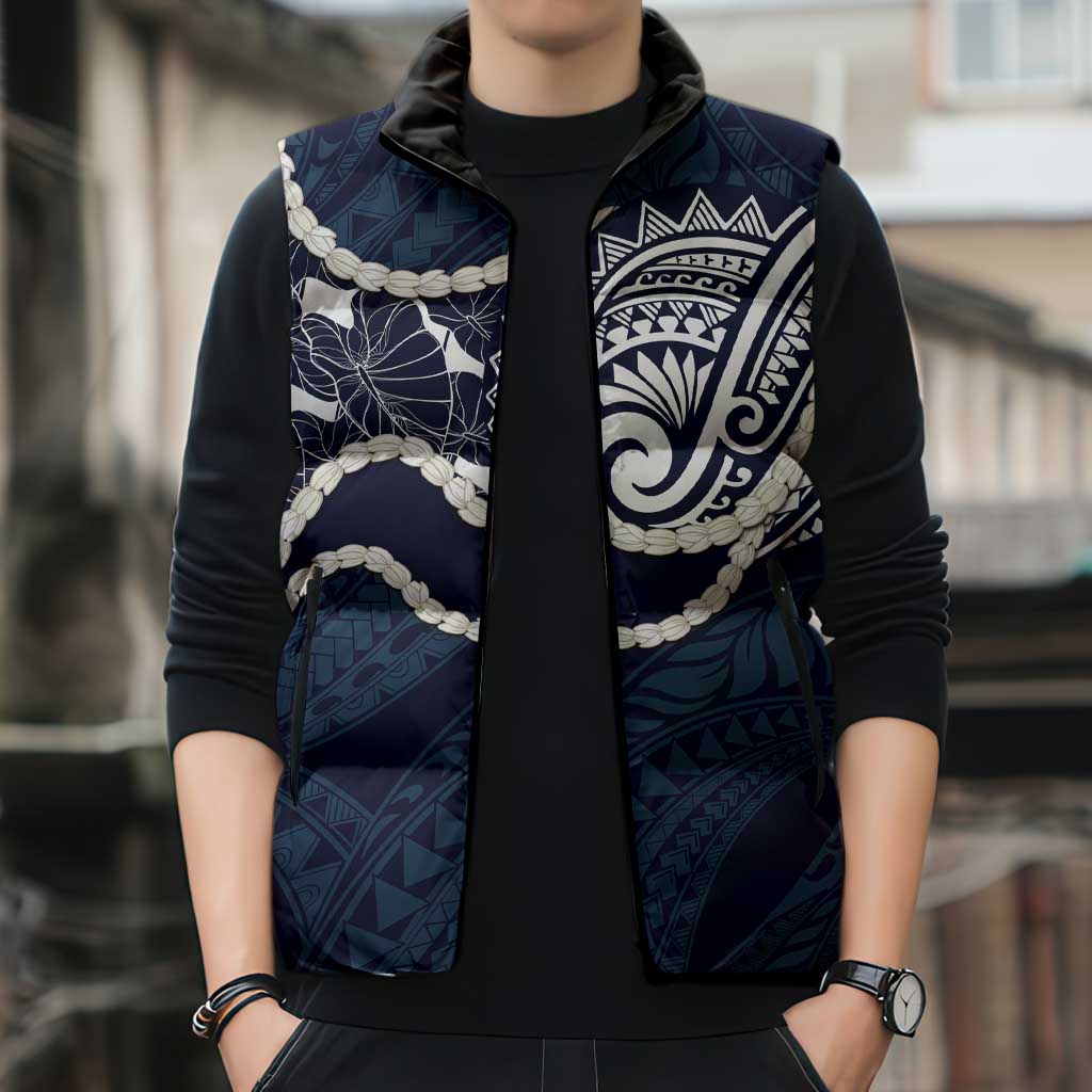 Aloha Hawaii Kalo Pikake Lei Sleeveless Puffer Jacket Chest Tattoo Oxford Blue Hawaiian Pattern LT14 - Polynesian Pride