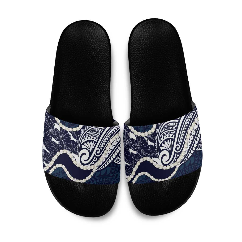 Aloha Hawaii Kalo Pikake Lei Slide Sandals Chest Tattoo Oxford Blue Hawaiian Pattern LT14 Oxford Blue - Polynesian Pride