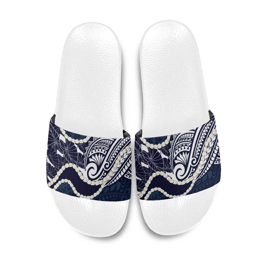 Aloha Hawaii Kalo Pikake Lei Slide Sandals Chest Tattoo Oxford Blue Hawaiian Pattern LT14 Oxford Blue - Polynesian Pride