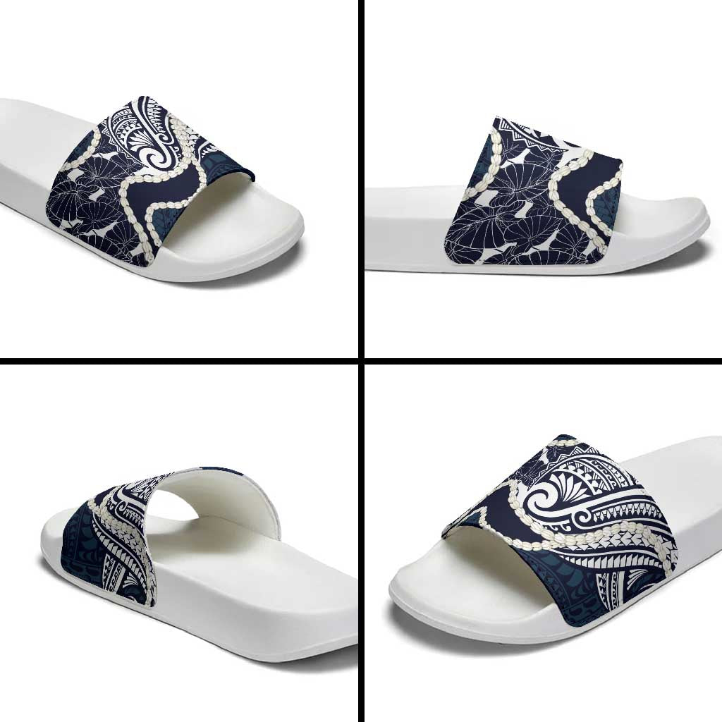 Aloha Hawaii Kalo Pikake Lei Slide Sandals Chest Tattoo Oxford Blue Hawaiian Pattern LT14 - Polynesian Pride