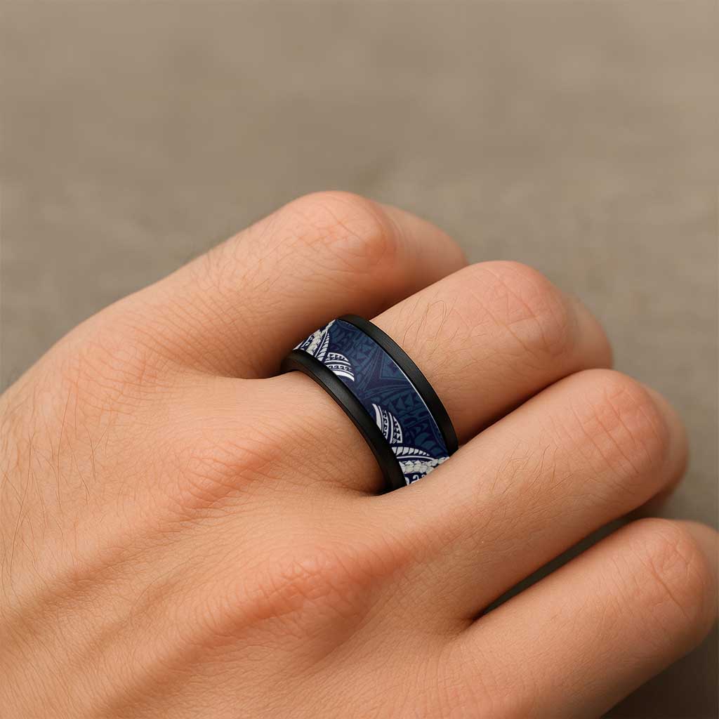Aloha Hawaii Kalo Pikake Lei Spinner Ring Chest Tattoo Oxford Blue Hawaiian Pattern LT14 - Polynesian Pride